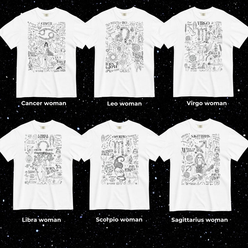 Peut inclure: Six t-shirts blancs avec des motifs graphiques noirs. Chaque t-shirt pr&eacute;sente un signe du zodiaque diff&eacute;rent : Cancer, Lion, Vierge, Balance, Scorpion et Sagittaire. Les motifs comprennent des illustrations et du texte.