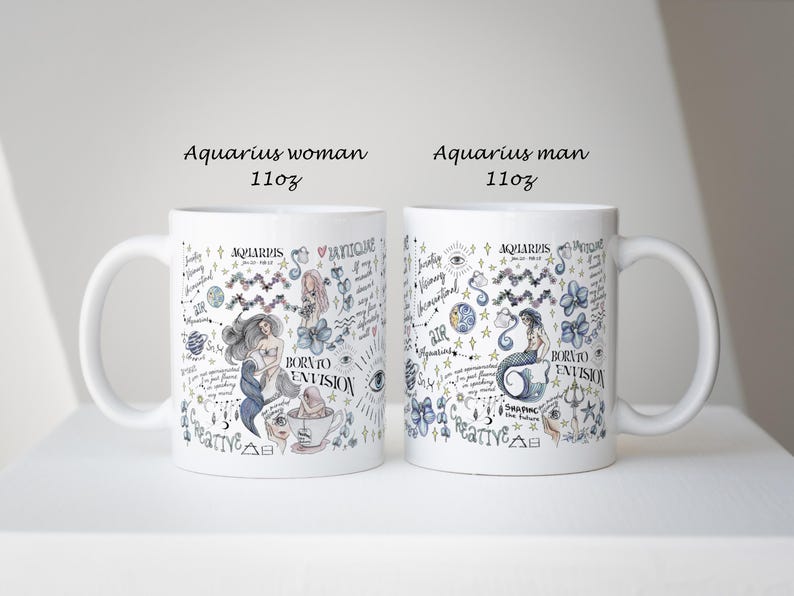 Puede incluir: Dos tazas de cer&aacute;mica blanca con ilustraciones y texto. Una taza est&aacute; etiquetada como "Aquarius woman" y la otra como "Aquarius man". Cada taza presenta un dise&ntilde;o detallado con ilustraciones tem&aacute;ticas del zodiaco, incluyendo sirenas, estrellas y texto escrito a mano. Las tazas son de 312 gramos.