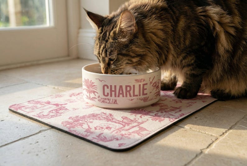 A brown and black cat is eating from a bowl with the name "CHARLIE" printed on it, placed on a pink and white patterned mat.