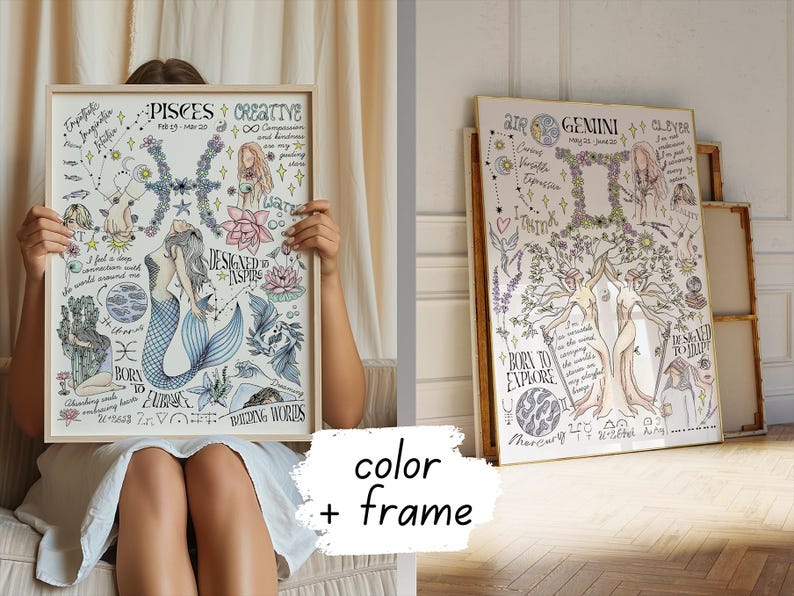 a woman sitting on a bed holding up a picture
