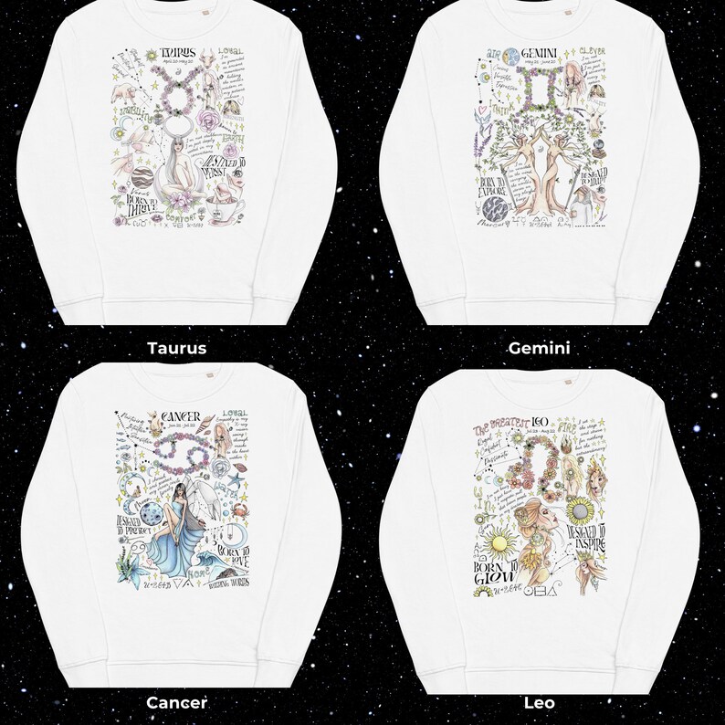 Peut inclure: Quatre sweat-shirts blancs avec des signes du zodiaque imprim&eacute;s sur le devant. Chaque sweat-shirt pr&eacute;sente un signe du zodiaque diff&eacute;rent&nbsp;: Taureau, G&eacute;meaux, Cancer et Lion. Les signes sont illustr&eacute;s avec une vari&eacute;t&eacute; de symboles et de textes li&eacute;s &agrave; chaque signe.
