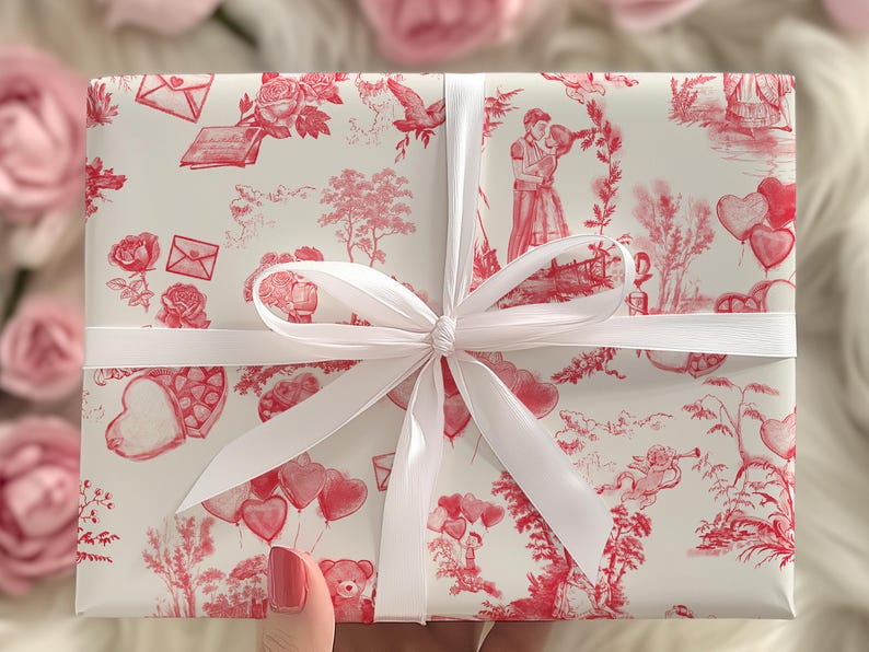 Pu&ograve; includere: Carta da regalo bianca con un motivo rosso e bianco di cuori, fiori e altri disegni romantici. Il regalo &egrave; legato con un nastro di raso bianco.