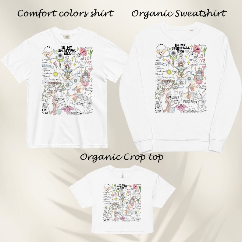 Puede incluir: Tres camisetas blancas con un estampado gr&aacute;fico colorido de un &aacute;rbol con el texto "In My Spiritual Era" en la parte delantera. Las camisetas est&aacute;n disponibles en manga corta, manga larga y estilo corto.