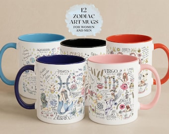 Whimsical Zodiac Mug Gift Colorful Gemini Coffee Cup Astrology Virgo Birthday Family Party Witchy Leo Scorpio Christmas Present Daughter