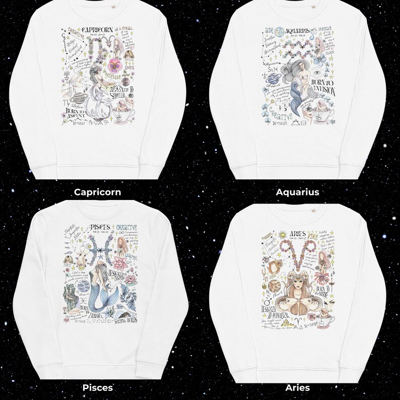 Peut inclure: Quatre sweat-shirts blancs avec diff&eacute;rents signes du zodiaque imprim&eacute;s sur le devant. Chaque sweat-shirt pr&eacute;sente un signe du zodiaque diff&eacute;rent avec une illustration d&eacute;taill&eacute;e et du texte. Les signes du zodiaque sont le Capricorne, le Verseau, les Poissons et le B&eacute;lier.