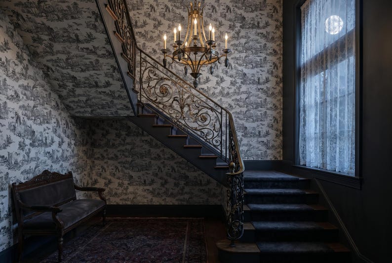 May include: An interior shot of a staircase with a decorative wrought iron railing and a chandelier. The walls are covered in a black and white toile wallpaper. A vintage bench sits at the base of the stairs, and a window with sheer curtains is visible.