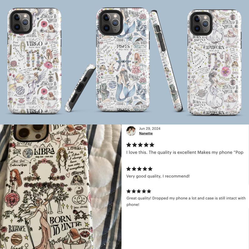 May include: A white phone case with a colorful zodiac design. The case features a variety of astrological symbols, including the zodiac signs, planets, and stars. The case is designed for a phone with a camera lens in the upper left corner.