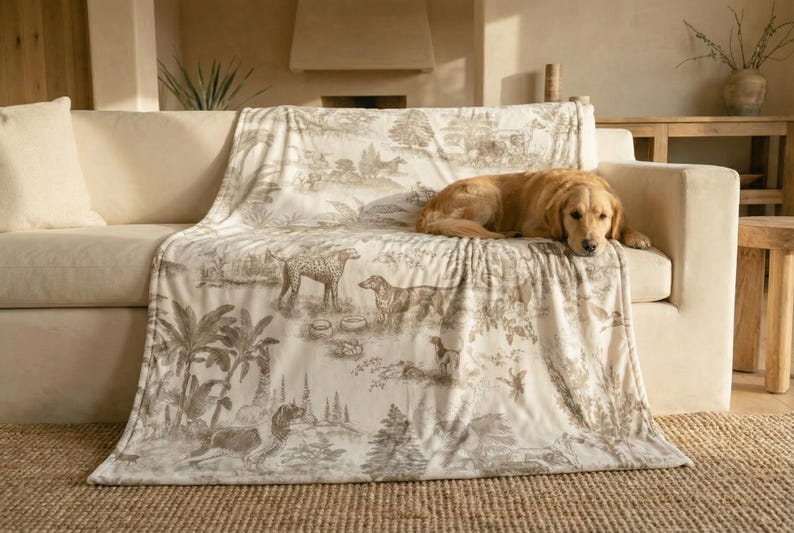 A golden retriever dog is resting on a couch with a blanket featuring a jungle scene design.