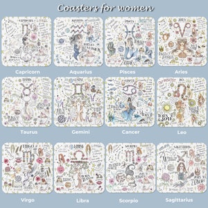 Puede incluir: Juego de doce posavasos cuadrados con ilustraciones de signos del zodiaco. Cada posavasos muestra un signo diferente, con ilustraciones, texto y detalles florales. El texto "Coasters for women" se encuentra en la parte superior.