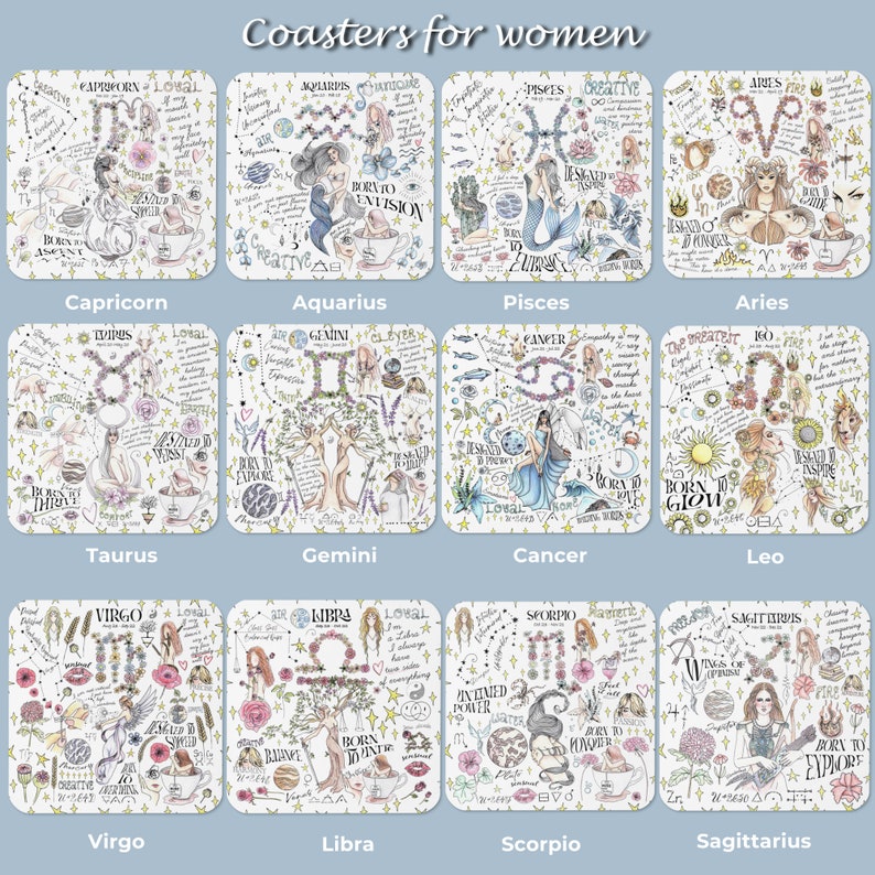 Puede incluir: Juego de doce posavasos cuadrados con ilustraciones de signos del zodiaco. Cada posavasos muestra un signo diferente, con ilustraciones, texto y detalles florales. El texto "Coasters for women" se encuentra en la parte superior.