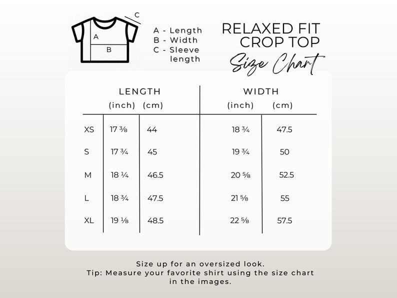 Puede incluir: Tabla de tallas para un top corto de ajuste relajado. La tabla muestra las medidas en pulgadas y cent&iacute;metros para las tallas XS, S, M, L y XL. La tabla incluye las medidas de largo y ancho.