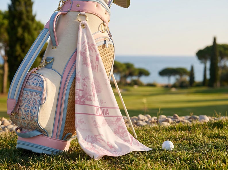 May include: A golf bag with a matching towel, featuring a pink and white design. The towel is personalized with the name "OLIVIA". The bag has blue and pink accents, with a golf ball on the grass in the foreground.