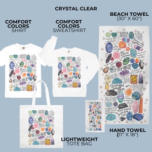 Puede incluir: Un conjunto de productos con tem&aacute;tica de cristal transparente que incluye una camiseta blanca, una sudadera, una bolsa de tela, una toalla de mano y una toalla de playa. Cada producto presenta una ilustraci&oacute;n de acuarela de varios cristales y piedras preciosas con sus nombres y significados asociados. El texto "Strength of Black Onyx" aparece en la toalla de playa.