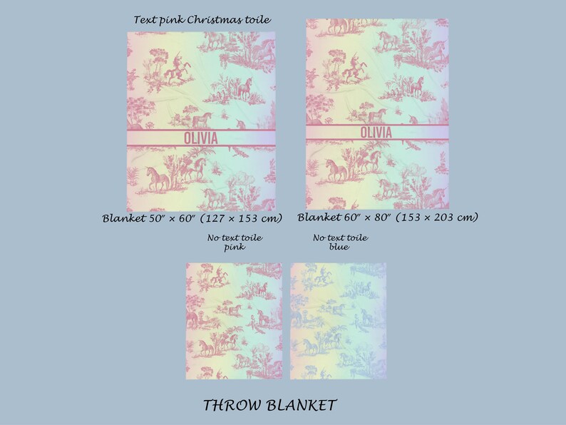May include: Pink throw blankets with a Christmas toile pattern, depicting horses and riders. One blanket is 127 x 153 cm, the other is 153 x 203 cm. Each features a personalized name banner. The text reads "THROW BLANKET".