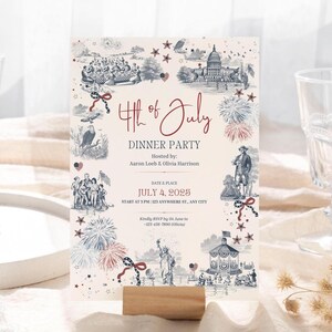 May include: A cream-colored invitation for a 4th of July dinner party. The design features red, white, and blue illustrations of fireworks, historical figures, and landmarks. The text reads "4th of July Dinner Party" with the date and RSVP information.