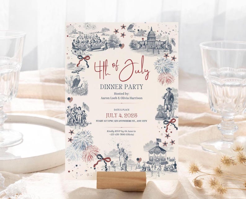 May include: A cream-colored invitation for a 4th of July dinner party. The design features red, white, and blue illustrations of fireworks, historical figures, and landmarks. The text reads "4th of July Dinner Party" with the date and RSVP information.