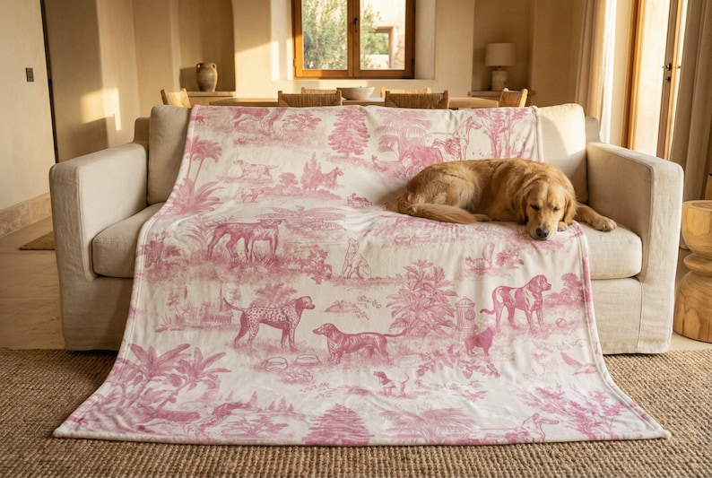 A golden retriever dog is resting on a pink and white patterned blanket on a beige couch in a cozy living room.
