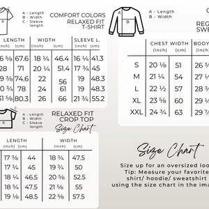 May include: Size chart for a relaxed fit t-shirt, crop top, and sweatshirt. The chart includes measurements in inches and centimeters for sizes XS to 2XL. The chart also includes information about the length, width, and sleeve length of each garment.