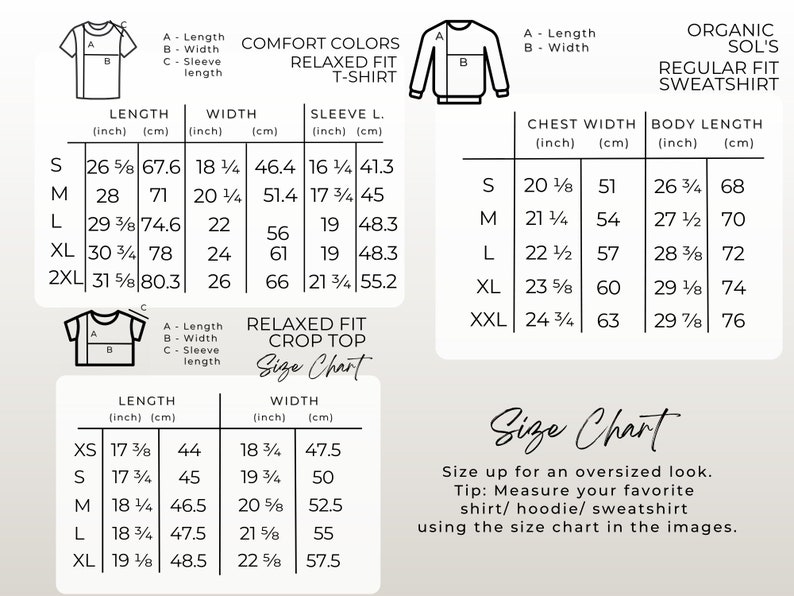 May include: Size chart for a relaxed fit t-shirt, crop top, and sweatshirt. The chart includes measurements in inches and centimeters for sizes XS to 2XL. The chart also includes information about the length, width, and sleeve length of each garment.