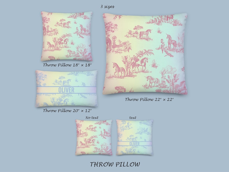 May include: Cushions in three sizes, with a pink and white toile design depicting unicorns and rural scenes. The cushions measure 45.7 x 45.7 cm, 50.8 x 30.5 cm, and 55.9 x 55.9 cm. One cushion has the name "OLIVER" printed on it.