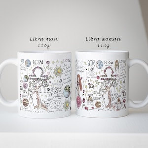 Puede incluir: Dos tazas blancas de cer&aacute;mica de 312 g con ilustraciones tem&aacute;ticas de Libra. Una taza est&aacute; etiquetada como "Libra man", la otra como "Libra woman". Cada taza presenta s&iacute;mbolos del zodiaco, dise&ntilde;os florales y texto manuscrito en tinta negra.