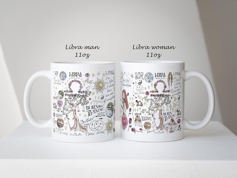 Puede incluir: Dos tazas blancas de cer&aacute;mica de 312 g con ilustraciones tem&aacute;ticas de Libra. Una taza est&aacute; etiquetada como "Libra man", la otra como "Libra woman". Cada taza presenta s&iacute;mbolos del zodiaco, dise&ntilde;os florales y texto manuscrito en tinta negra.