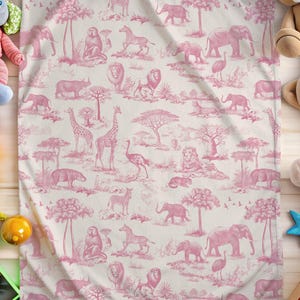 Safari Nursery Blanket Pink Baby Girl Room Decor Toile Animal Blanket Crib Bedding Toddler Blanket Birthday Gift Daughter Elephant Decor