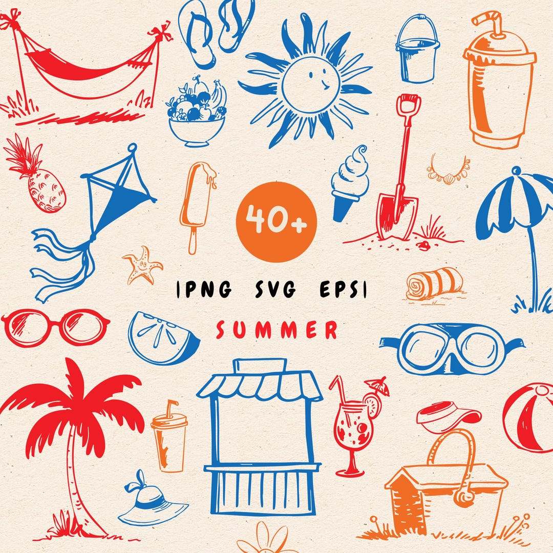 Summer Doodle Clipart Bundle Beach Icons Hand Drawn SVG PNG EPS ...