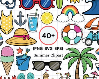Summer Beach Clipart Bundle | Tropical Icons, Vacation Elements (PNG SVG EPS)