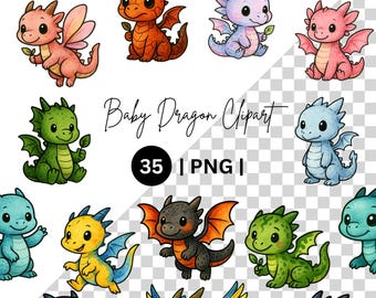 Baby Dragon Clipart Bundle | Cute Dragon PNG | Fantasy Baby Dragons | Kawaii Dragon Clip Art | 35 PNG