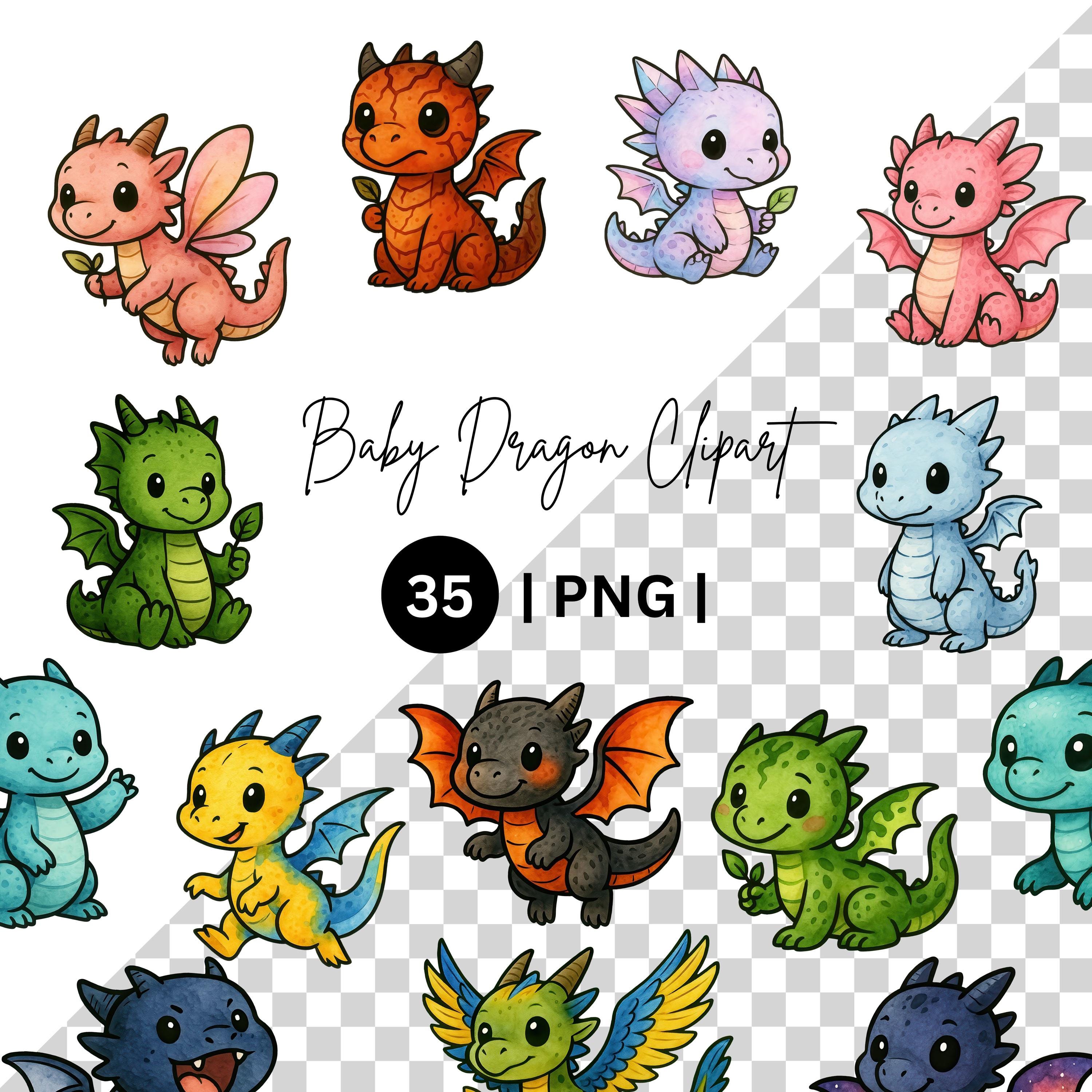 Baby Dragon Clipart Bundle | Cute Dragon PNG | Fantasy Baby Dragons ...
