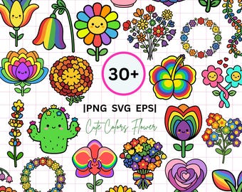Rainbow Flower Clipart Bundle, Kawaii Floral Elements, Kids Design (PNG SVG EPS)