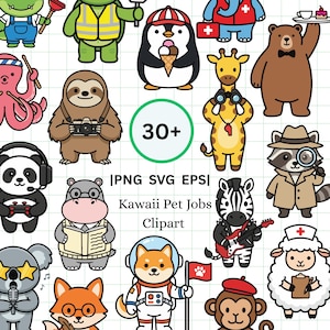 May include: Kawaii Pet Jobs Clipart featuring various animal characters in different professions. Includes a penguin with ice cream, a sloth with a camera, a giraffe with binoculars, and a raccoon detective. The image also includes the text "30+".