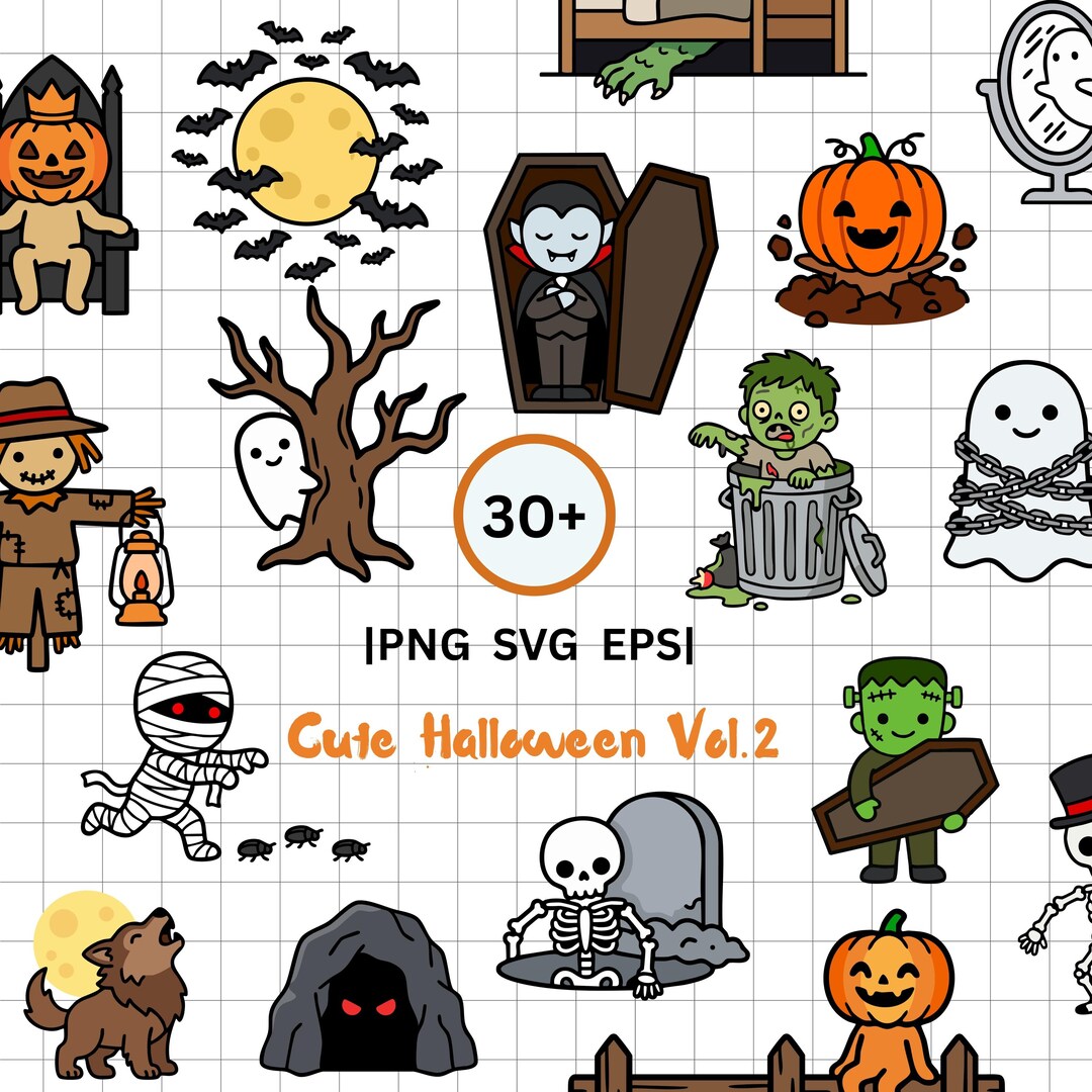 Kawaii Halloween Clipart Bundle, Ghost Pumpkin Witch Skeleton PNG SVG ...