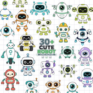May include: A collection of over 30 cartoon robot illustrations featuring various designs, colors, and shapes on a grid background. The central text reads 30+ CUTE ROBOT CLIPART COLLECTION with icons for PNG, SVG, and EPS file formats included.