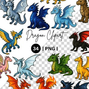 Könnte beinhalten: Eine Sammlung von Cartoon-Drachen in verschiedenen Farben, darunter Blau, Grün und Orange, mit detaillierten Flügeln und Schuppen. Das Bild enthält den Text "Dragon Clipart" und die Nummer "34 | PNG".