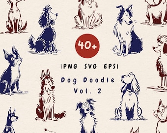 Paquete de imágenes prediseñadas de perros estilo doodle, más de 40 perros dibujados a mano en formato PNG, SVG y EPS, ilustraciones de bocetos vintage.