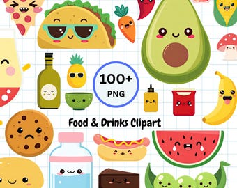 Kawaii Food & Drinks Clipart Bundle|  Cute Food PNG Set| Cute Food Icons|  Kawaii Snack Dessert Drink Clipart | Commercial Use