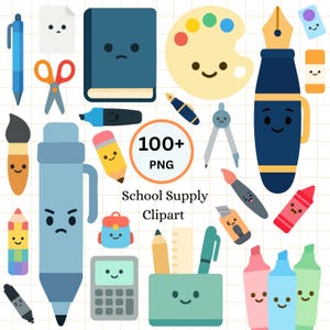 Könnte beinhalten: Eine Sammlung von Schulmaterial-Cliparts, darunter Stifte, Bleistifte, ein Buch, eine Schere, ein Taschenrechner und Marker. Das Bild enthält den Text "100+ PNG" und "School Supply Clipart". Die Illustrationen haben lächelnde Gesichter.