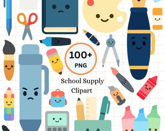 Cute School Supplies Clipart Bundle | Kawaii Classroom Icons | Flat School Clipart | Teacher Planner Graphics