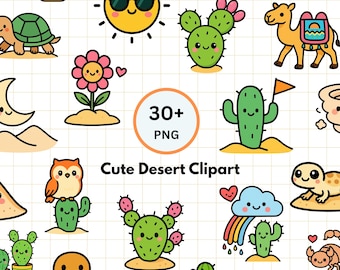 Kawaii Desert Clipart Bundle | Cactus, Camel PNG Illustrations (Digital Download)