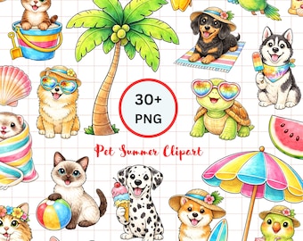 Summer Pet Clipart Bundle, Watercolor Beach Animals (30+ PNG)