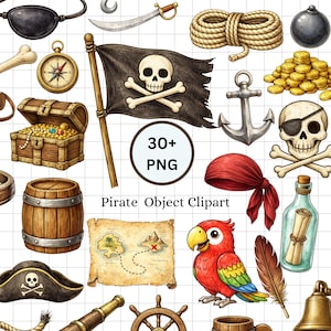 Pacchetto di clipart di pirati, mappa del tesoro, teschio, ancora, grafica PNG di pappagallo