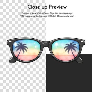 May include: Black sunglasses with a beach scene reflected in the lenses. The lenses show a colorful sunset with palm trees. The text "Close up Preview" is at the top of the image.