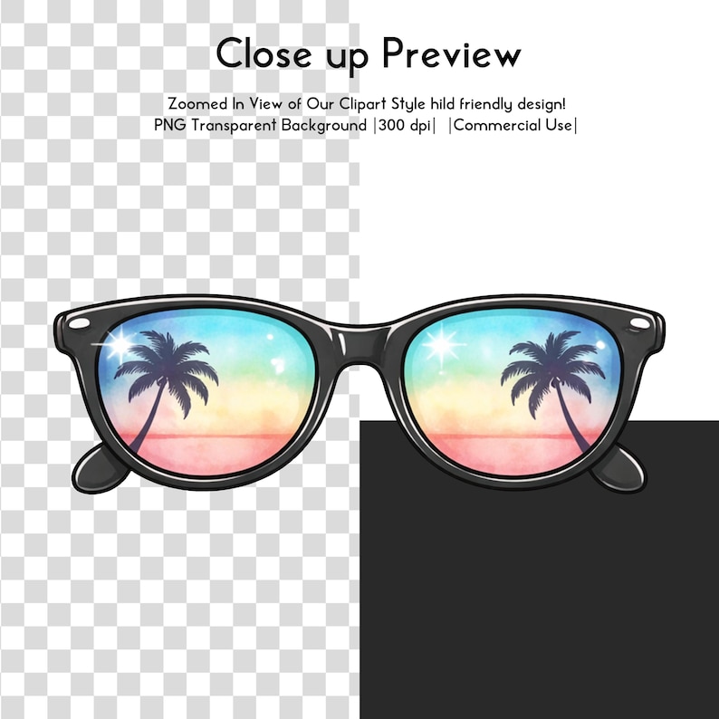 May include: Black sunglasses with a beach scene reflected in the lenses. The lenses show a colorful sunset with palm trees. The text "Close up Preview" is at the top of the image.