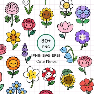 May include: A collection of over 30 cute, cartoon-style flower illustrations in various colors, including pink, yellow, orange, and blue. The flowers have smiling faces and are set against a white grid background. Text reads "30+ PNG" and "Cute Flower".