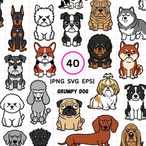 不機嫌そうな犬のクリップアート40点セット、かわいいペットのベクターイラスト（PNG、SVG、EPS形式）