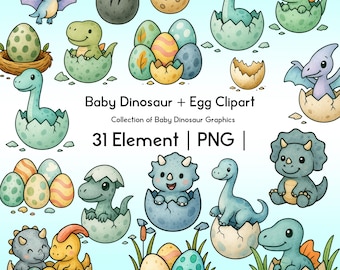 May include: A collection of baby dinosaur and egg clipart in various colors. The image includes hatched dinosaurs, eggs, and flying dinosaurs. Text on the image reads "Baby Dinosaur + Egg Clipart" and "31 Element | PNG |".