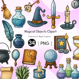 May include: A collection of whimsical magical objects, including a witch's hat, potion bottles, a crystal ball, and a spell book. The image features a variety of items with a cartoon style, perfect for digital art projects. The text "Magical Objects Clipart" is displayed.