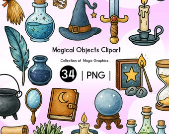 Magical Clipart | 34 PNG Witchy Icons, Potions & Spell Tools | Hand Drawn Magic | Digital Download